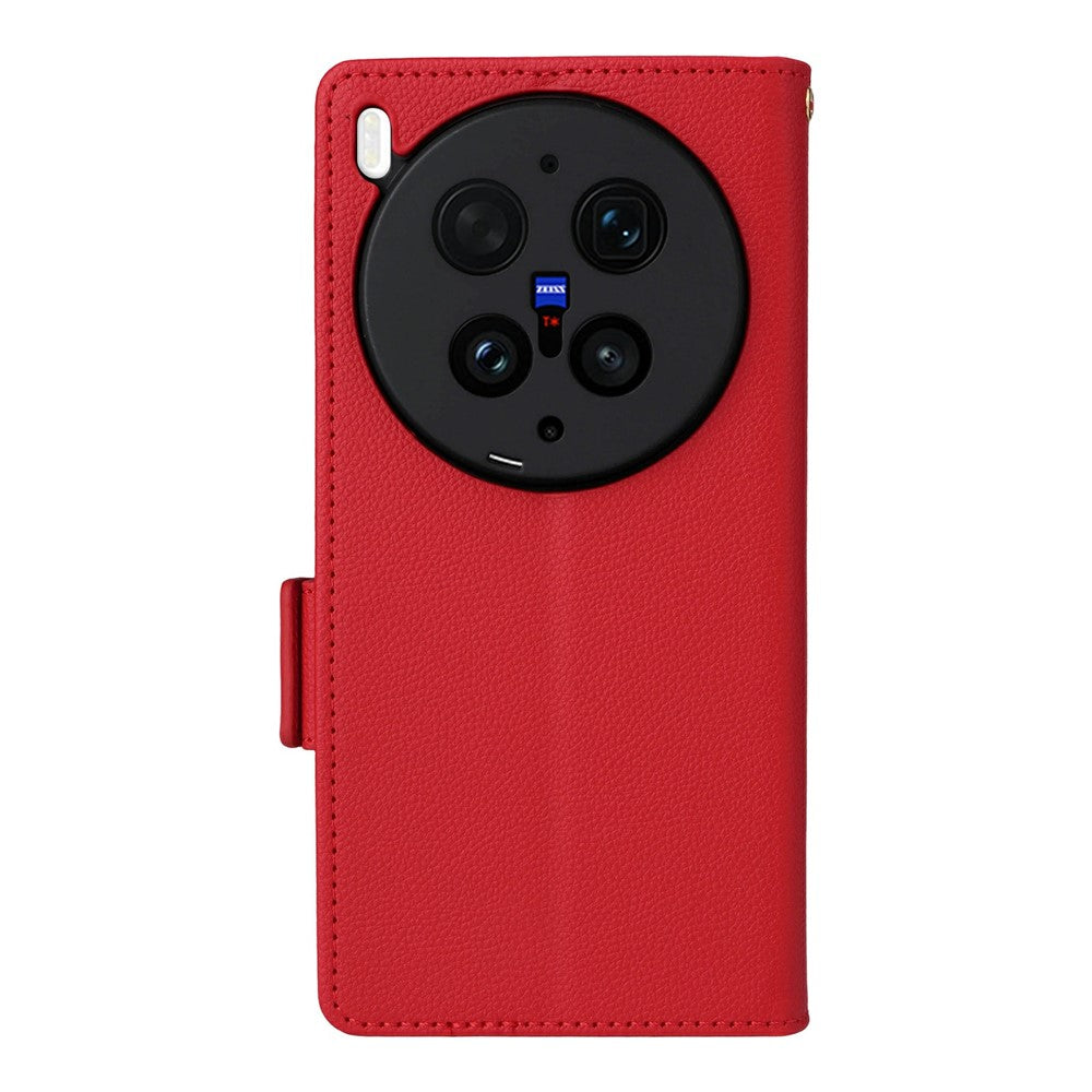 For vivo X300 Ultra 5G Case Litchi Texture Wallet Leather Phone Cover with Wrist Strap - Red