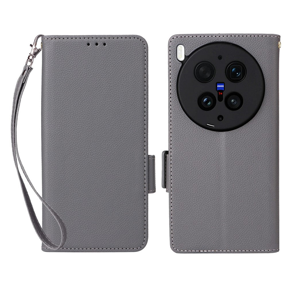 For vivo X300 Ultra 5G Case Litchi Texture Wallet Leather Phone Cover with Wrist Strap - Grey