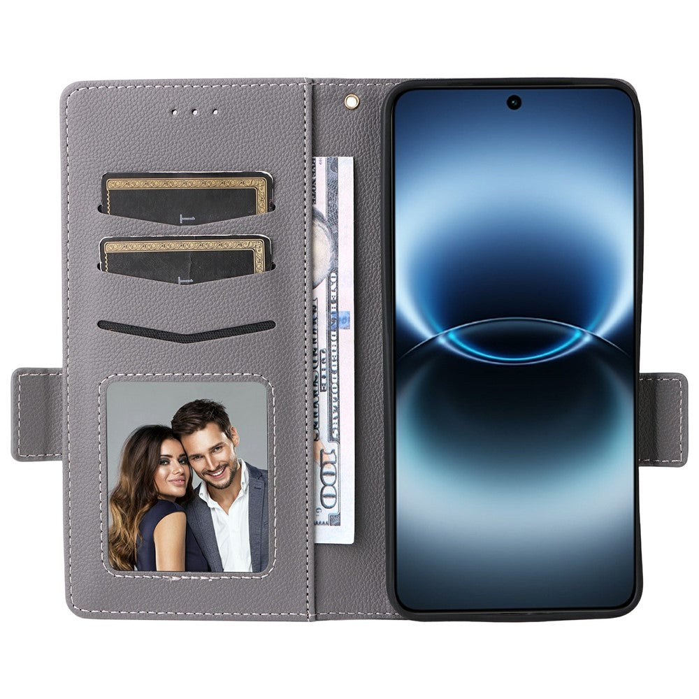 For vivo X300 Ultra 5G Case Litchi Texture Wallet Leather Phone Cover with Wrist Strap - Grey