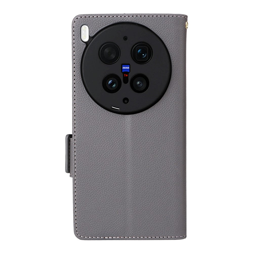 For vivo X300 Ultra 5G Case Litchi Texture Wallet Leather Phone Cover with Wrist Strap - Grey
