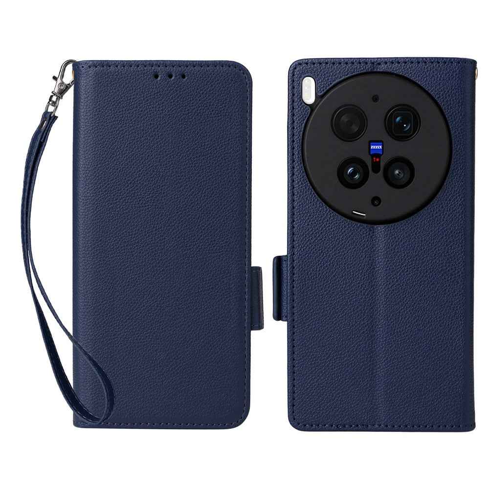 For vivo X300 Ultra 5G Case Litchi Texture Wallet Leather Phone Cover with Wrist Strap - Dark Blue