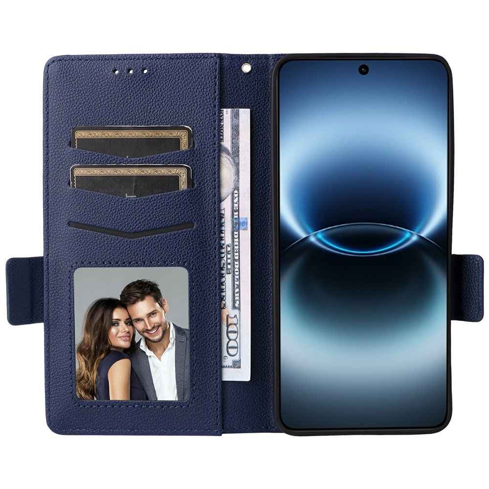 For vivo X300 Ultra 5G Case Litchi Texture Wallet Leather Phone Cover with Wrist Strap - Dark Blue