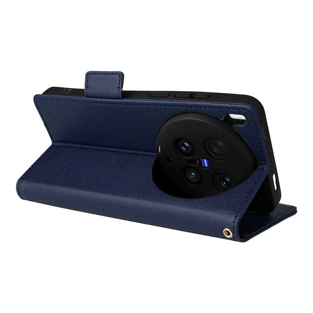 For vivo X300 Ultra 5G Case Litchi Texture Wallet Leather Phone Cover with Wrist Strap - Dark Blue