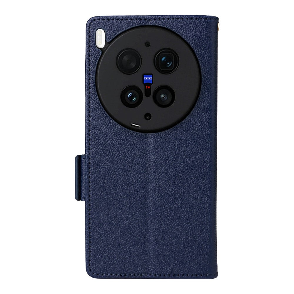 For vivo X300 Ultra 5G Case Litchi Texture Wallet Leather Phone Cover with Wrist Strap - Dark Blue