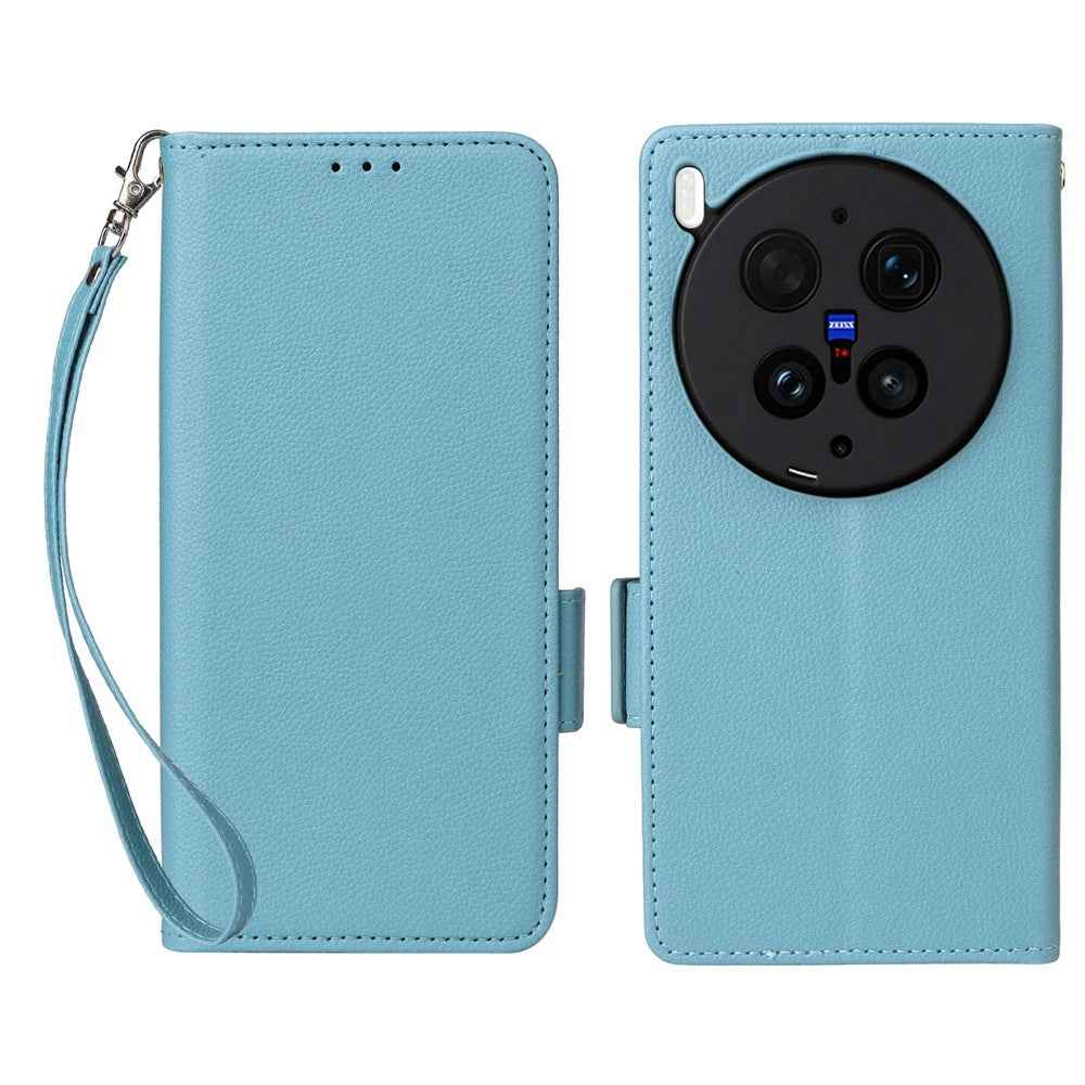 For vivo X300 Ultra 5G Case Litchi Texture Wallet Leather Phone Cover with Wrist Strap - Baby Blue