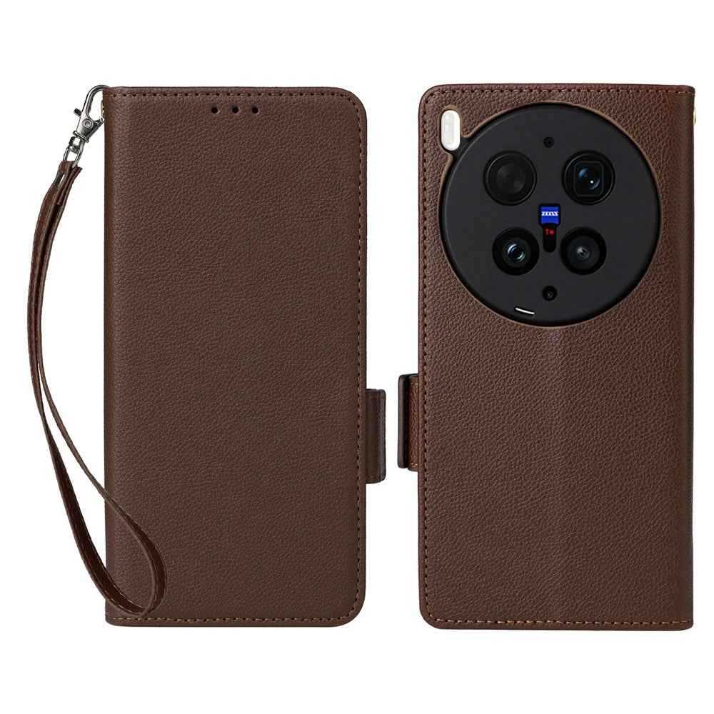 For vivo X300 Ultra 5G Case Litchi Texture Wallet Leather Phone Cover with Wrist Strap - Brown