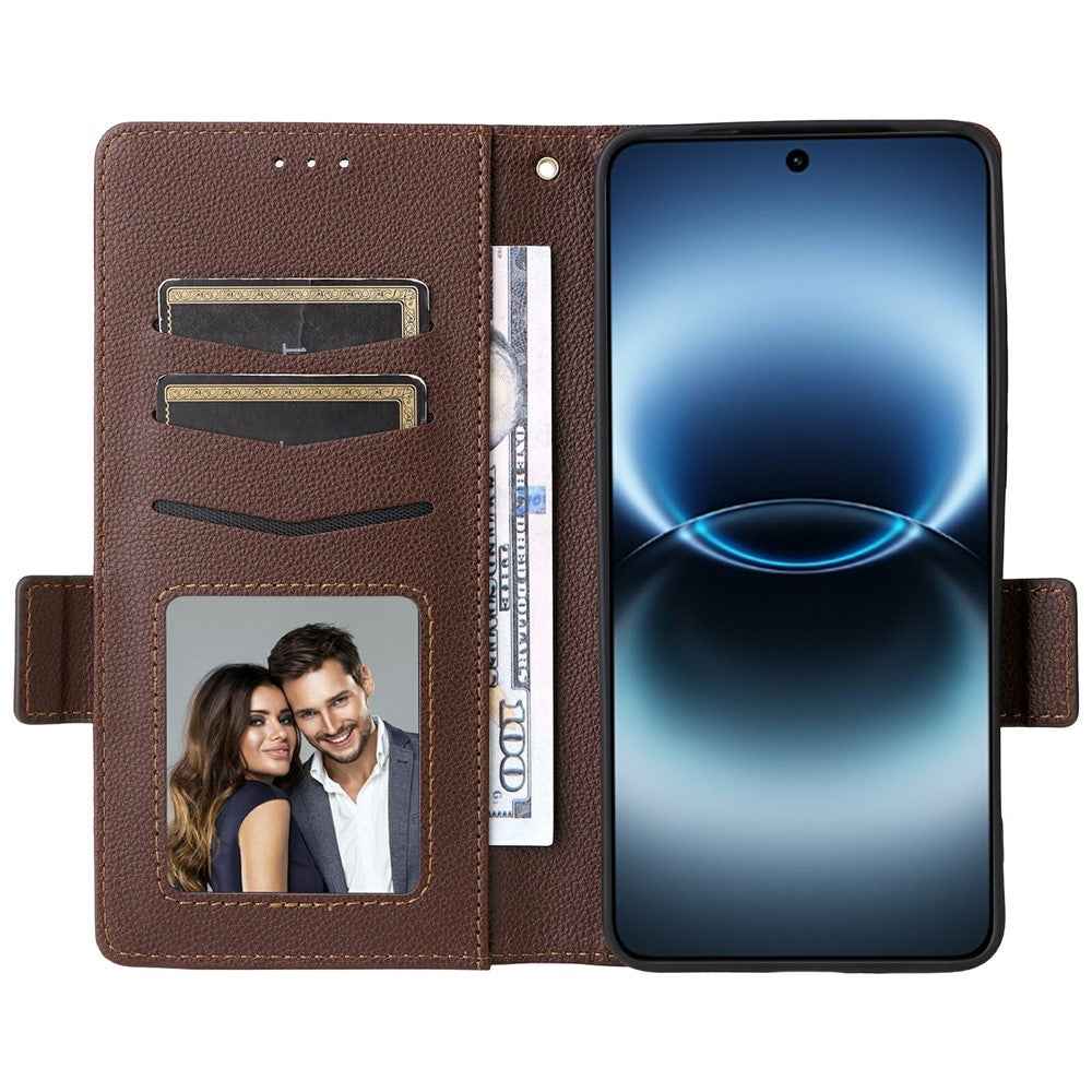 For vivo X300 Ultra 5G Case Litchi Texture Wallet Leather Phone Cover with Wrist Strap - Brown
