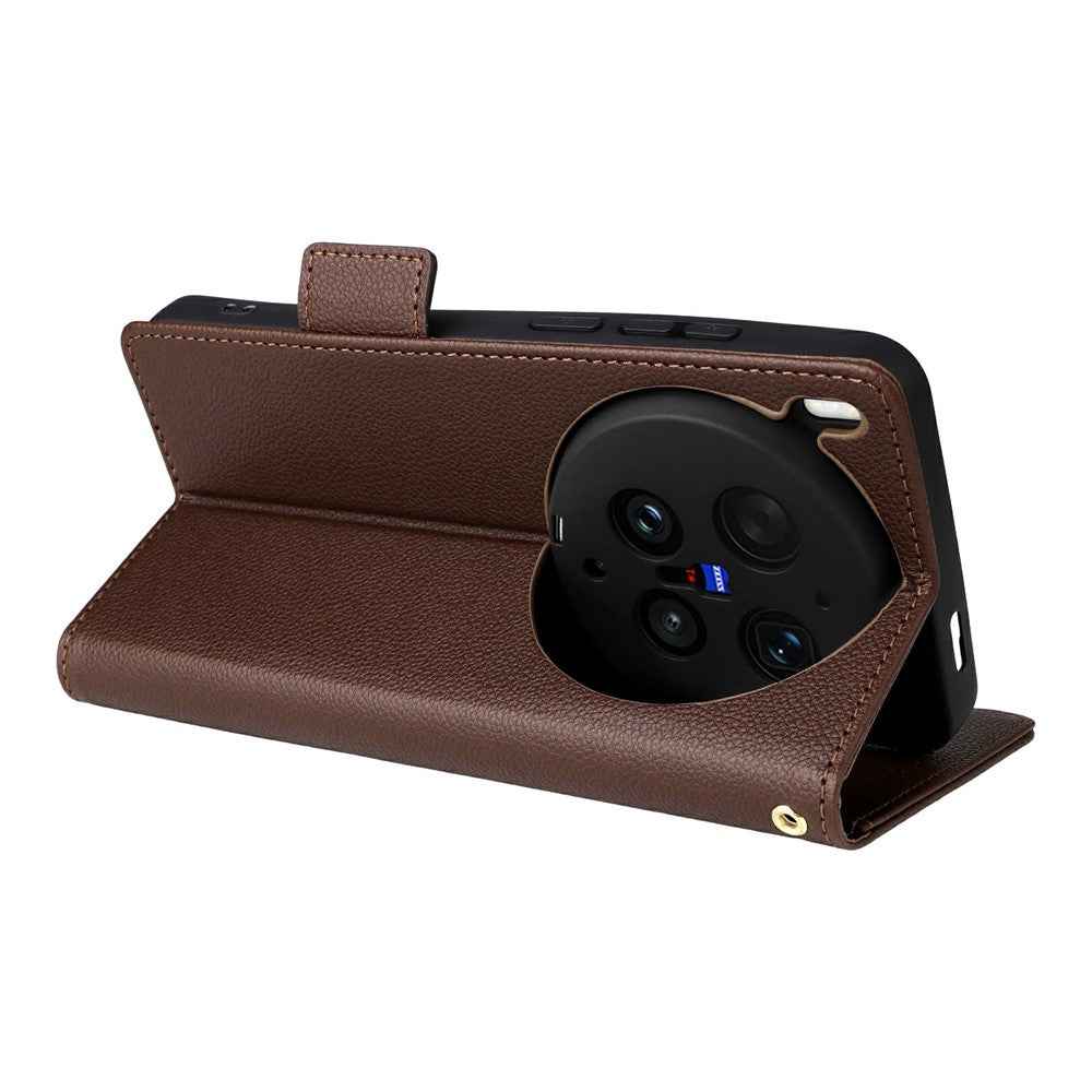 For vivo X300 Ultra 5G Case Litchi Texture Wallet Leather Phone Cover with Wrist Strap - Brown