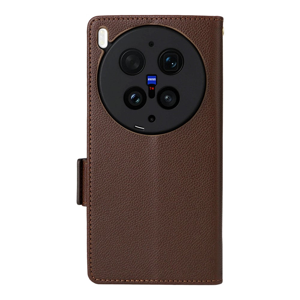 For vivo X300 Ultra 5G Case Litchi Texture Wallet Leather Phone Cover with Wrist Strap - Brown