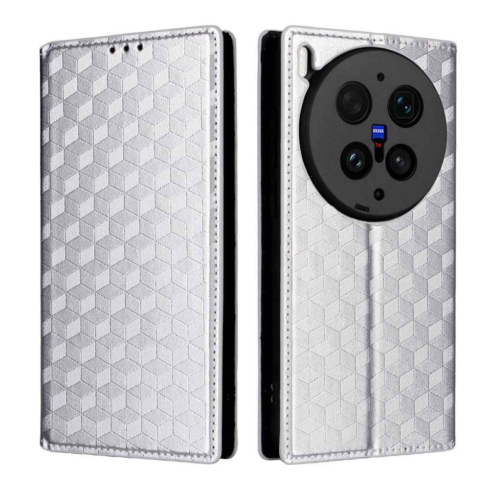 For vivo X300 Ultra 5G Case Wallet Rhombus Imprinted PU Leather Phone Cover - Silver