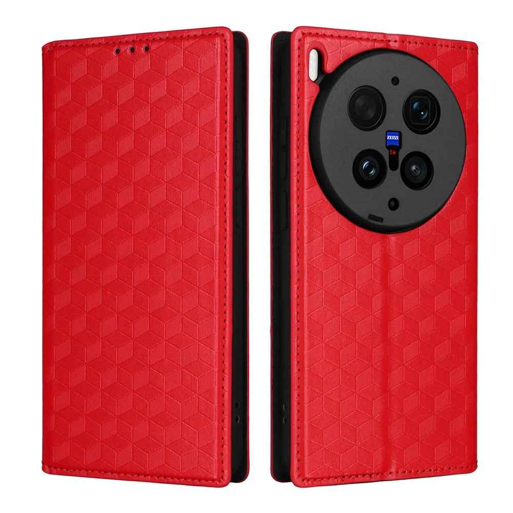 For vivo X300 Ultra 5G Case Wallet Rhombus Imprinted PU Leather Phone Cover - Red
