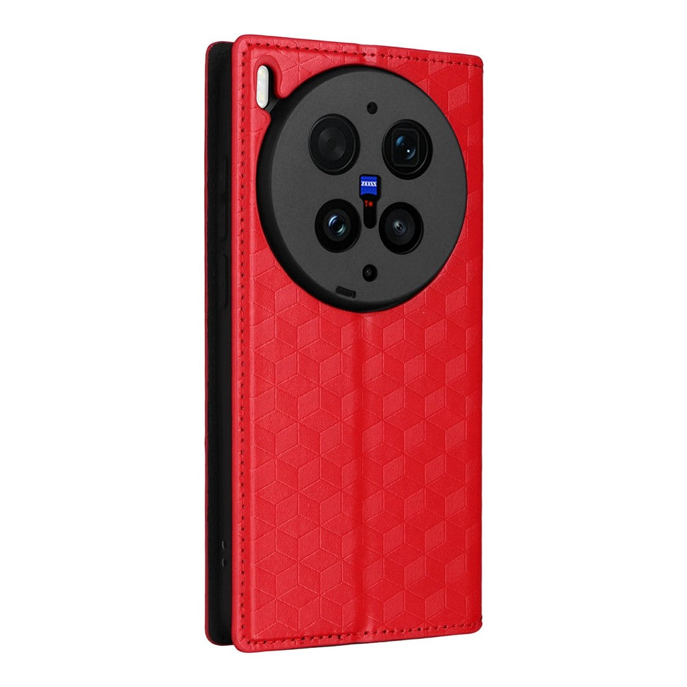 For vivo X300 Ultra 5G Case Wallet Rhombus Imprinted PU Leather Phone Cover - Red