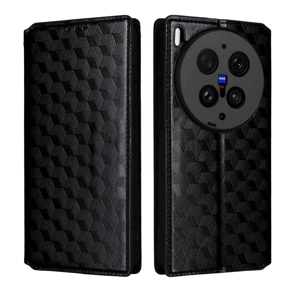 For vivo X300 Ultra 5G Case Wallet Rhombus Imprinted PU Leather Phone Cover - Black