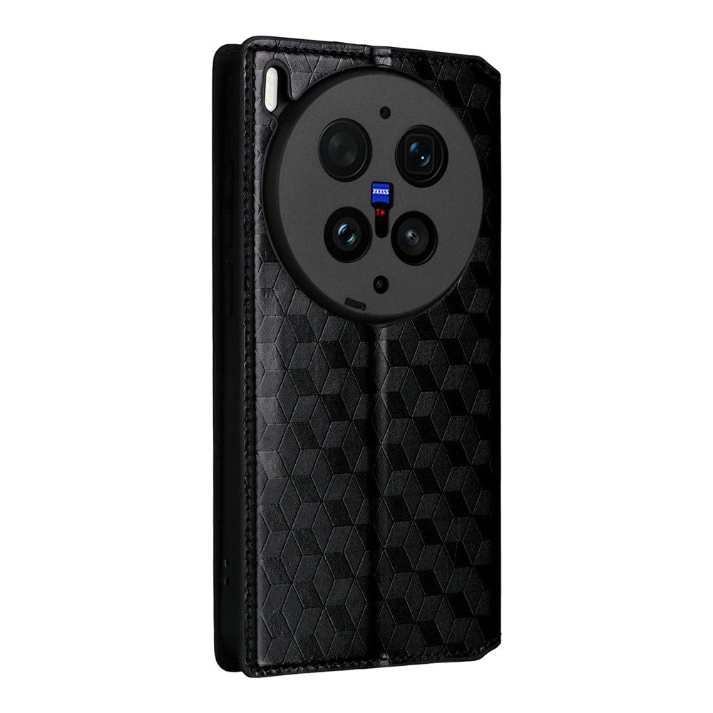 For vivo X300 Ultra 5G Case Wallet Rhombus Imprinted PU Leather Phone Cover - Black