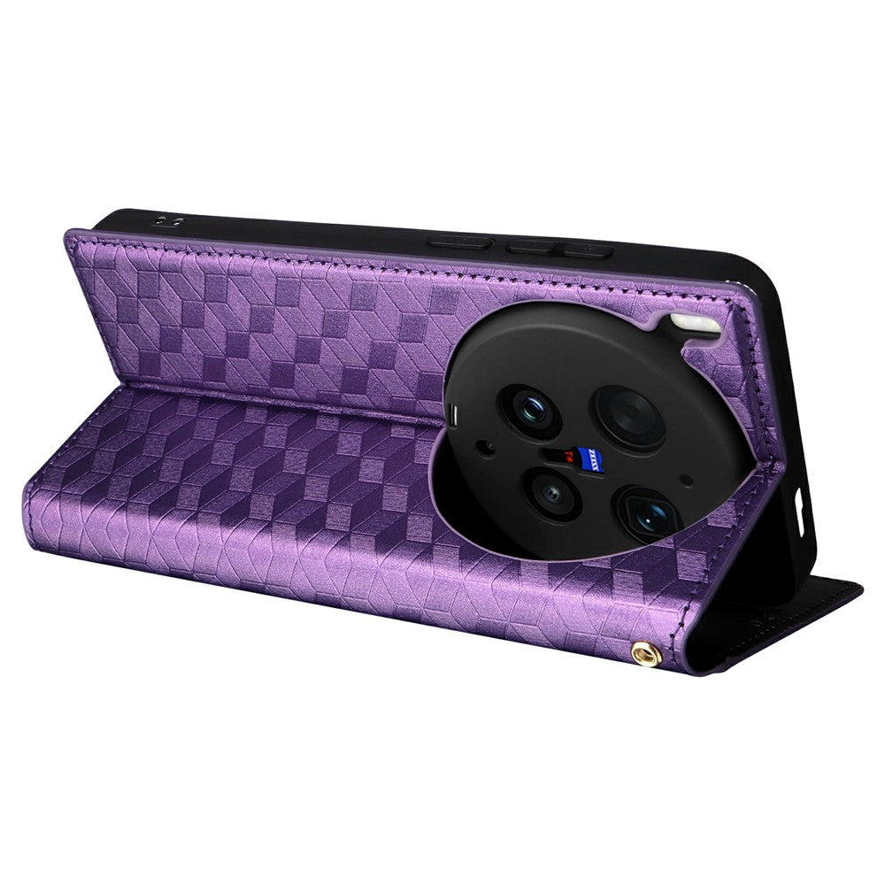 For vivo X300 Ultra 5G Case Wallet Rhombus Imprinted PU Leather Phone Cover - Purple