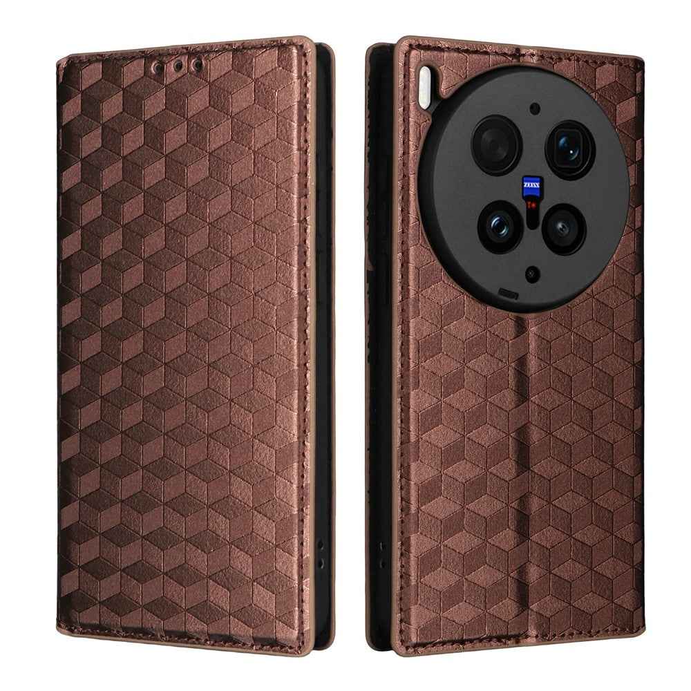 For vivo X300 Ultra 5G Case Wallet Rhombus Imprinted PU Leather Phone Cover - Brown