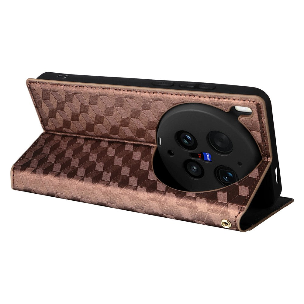 For vivo X300 Ultra 5G Case Wallet Rhombus Imprinted PU Leather Phone Cover - Brown