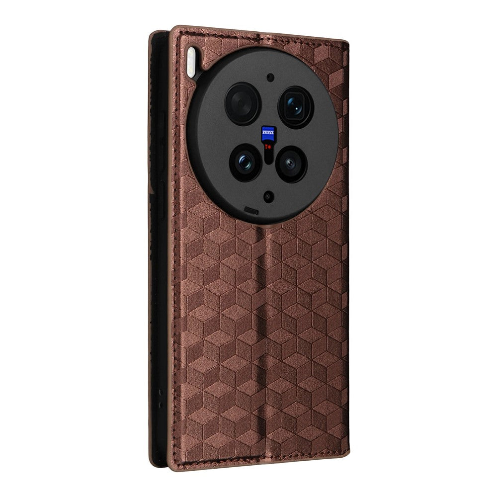For vivo X300 Ultra 5G Case Wallet Rhombus Imprinted PU Leather Phone Cover - Brown