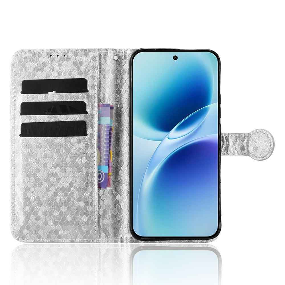 For vivo X300 FE 5G Wallet Case Dot Pattern Imprint PU Leather Phone Cover with Wrist Strap - Silver