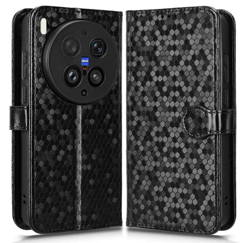 For vivo X300 Ultra 5G Wallet Case Dot Pattern Imprint PU Leather Phone Cover with Wrist Strap - Black