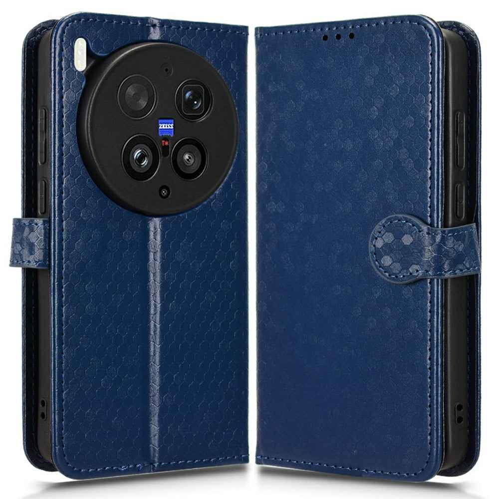 For vivo X300 Ultra 5G Wallet Case Dot Pattern Imprint PU Leather Phone Cover with Wrist Strap - Dark Blue