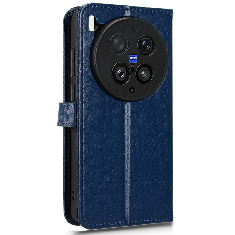 For vivo X300 Ultra 5G Wallet Case Dot Pattern Imprint PU Leather Phone Cover with Wrist Strap - Dark Blue