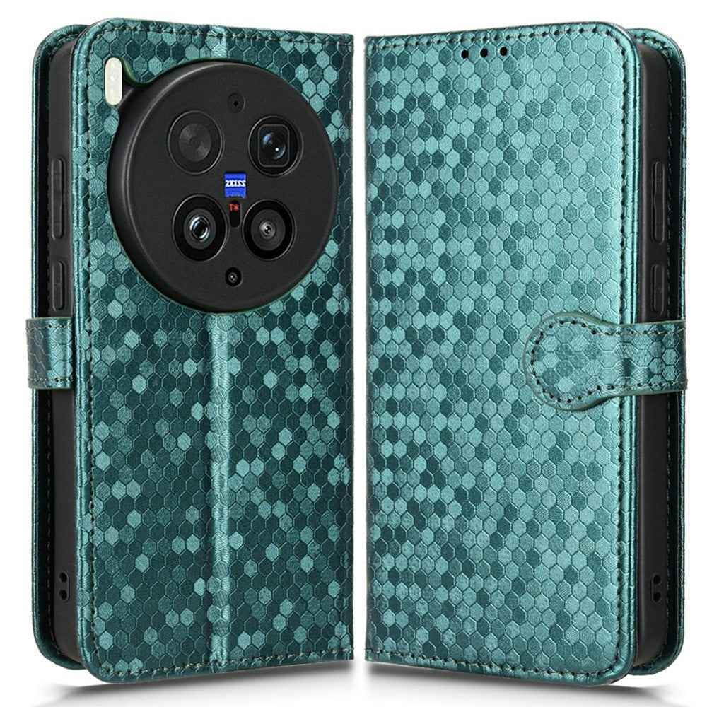 For vivo X300 Ultra 5G Wallet Case Dot Pattern Imprint PU Leather Phone Cover with Wrist Strap - Green