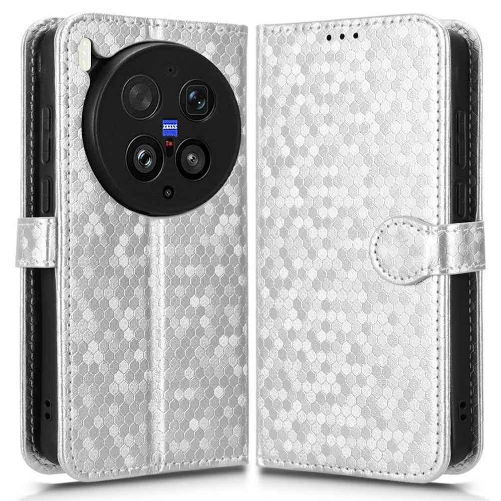 For vivo X300 Ultra 5G Wallet Case Dot Pattern Imprint PU Leather Phone Cover with Wrist Strap - Silver