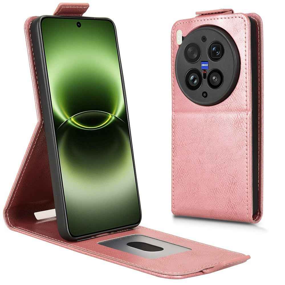 For vivo X300 Ultra 5G Stand Case Magnetic Clasp Vertical Flip Leather Phone Cover with Card Holder - Rose Gold