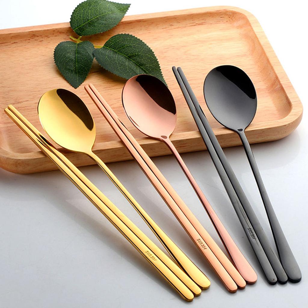 Korean Cutlery Stainless Steel Travel Spoon Chopstick Flatware Set Black