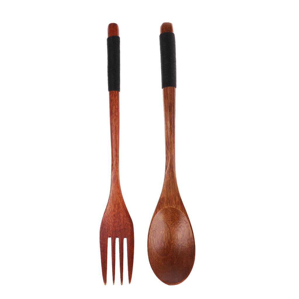 Portable Travel Camping Compact Utensil Set Wood Spoon Fork Chopstick Black String