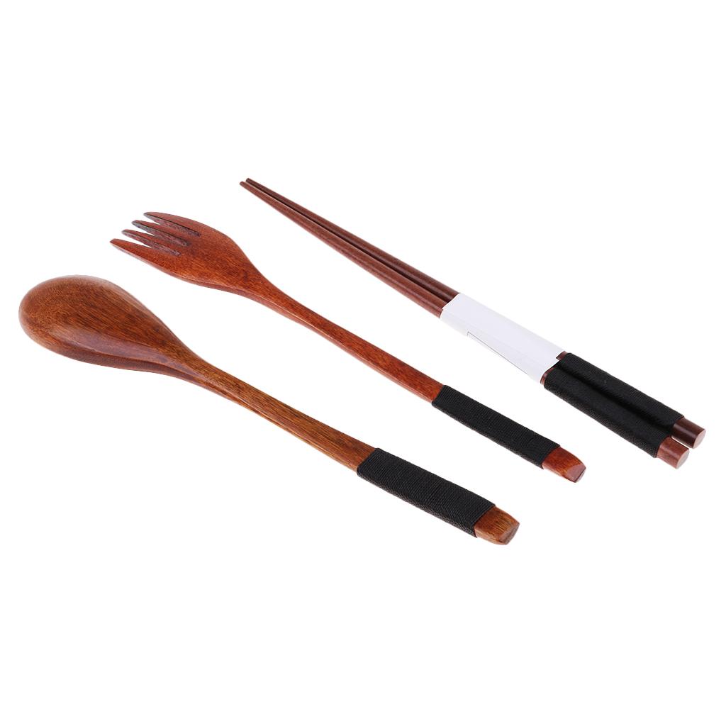 Portable Travel Camping Compact Utensil Set Wood Spoon Fork Chopstick Black String
