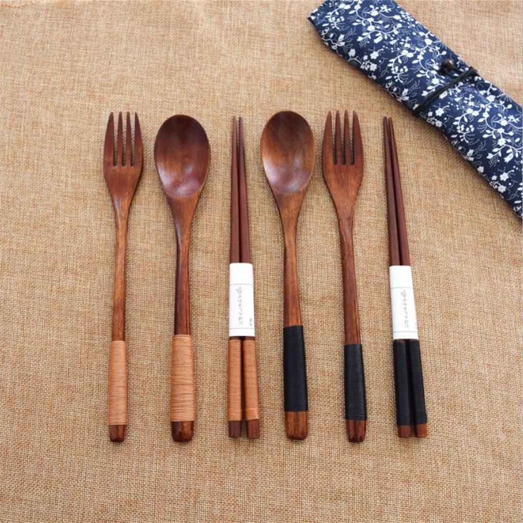 Portable Travel Camping Compact Utensil Set Wood Spoon Fork Chopstick Black String