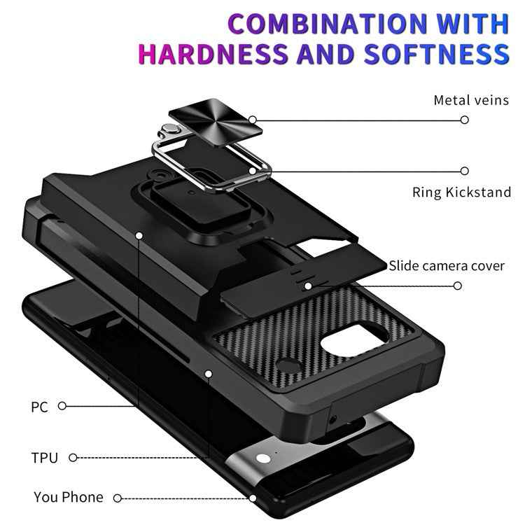 For Google Pixel 7a Card Holder Kickstand Phone Case PC+TPU Hybrid Cover with Slide Camera Lid - Rose Gold