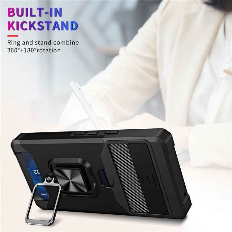 For Google Pixel 7a Card Holder Kickstand Phone Case PC+TPU Hybrid Cover with Slide Camera Lid - Rose Gold