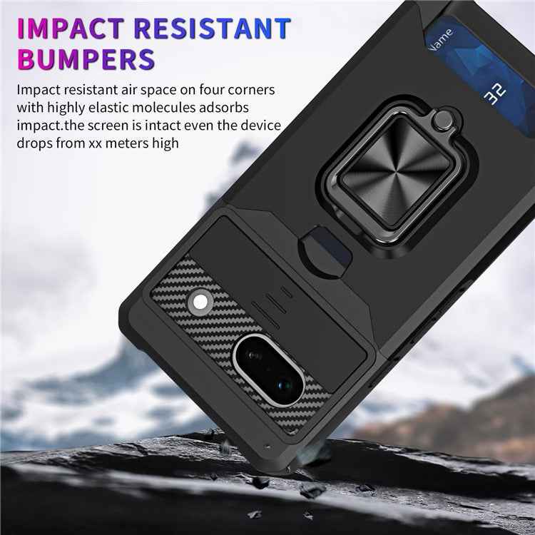 For Google Pixel 7a Card Holder Kickstand Phone Case PC+TPU Hybrid Cover with Slide Camera Lid - Rose Gold