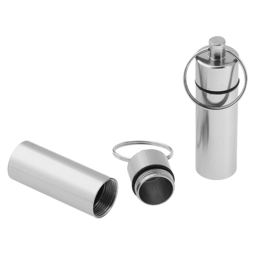 2x2Pcs Waterproof Aluminum Pill Box Case Bottle Cache Drug Holder Keychain Flat White