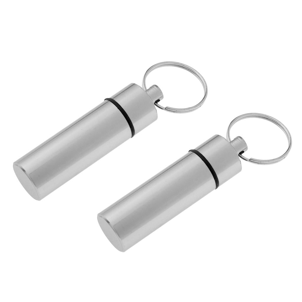 2x2Pcs Waterproof Aluminum Pill Box Case Bottle Cache Drug Holder Keychain Flat White