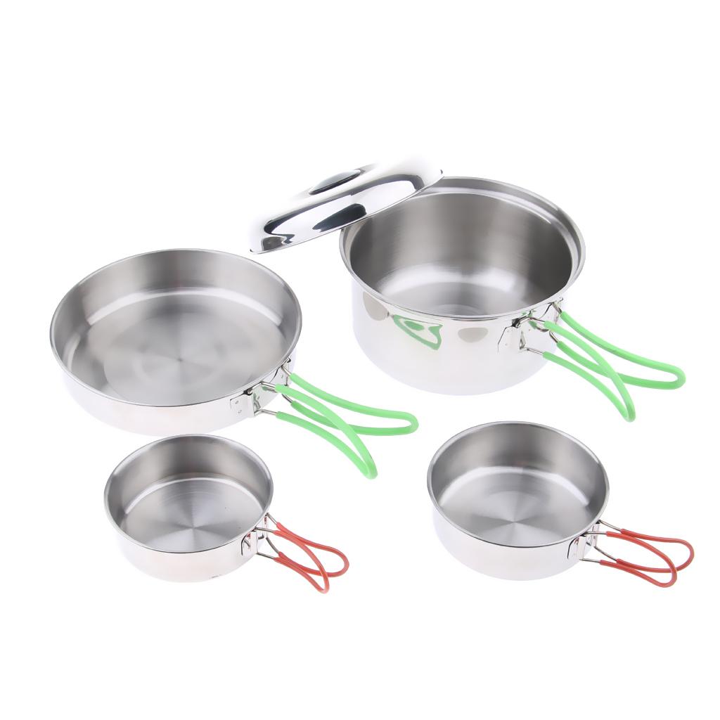 4Pcs Stainless Steel Portable Foldable Camping Hiking Pots Stockpots Utensil