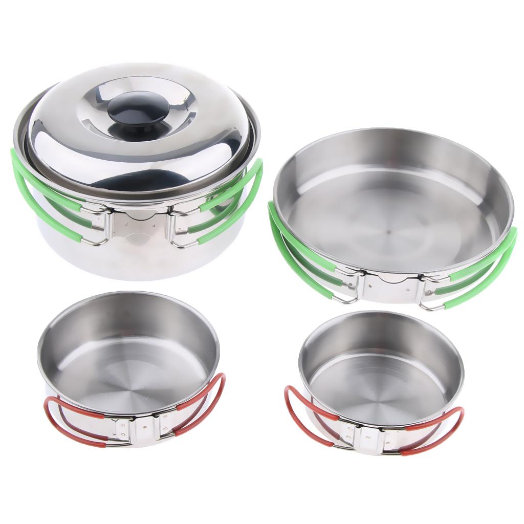 4Pcs Stainless Steel Portable Foldable Camping Hiking Pots Stockpots Utensil
