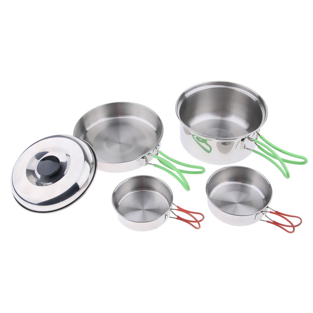 4Pcs Stainless Steel Portable Foldable Camping Hiking Pots Stockpots Utensil