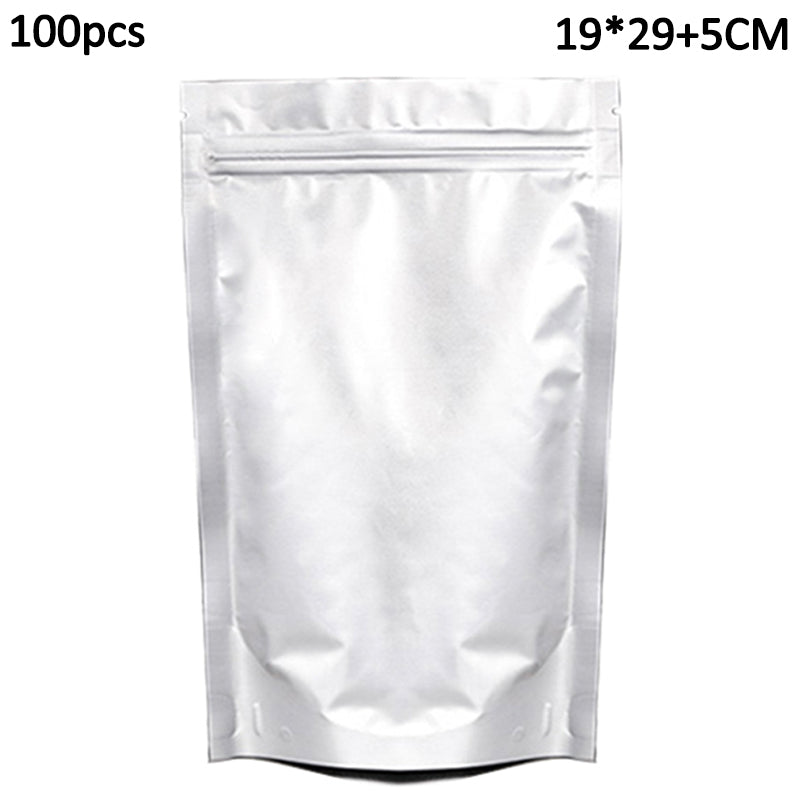 MX-013 100Pcs Stand Up Pure Aluminum Foil Bags 19x29cm+5cm 20C Food Storage Resealable Zipper Lock Bag (No FDA, BPA-Free)