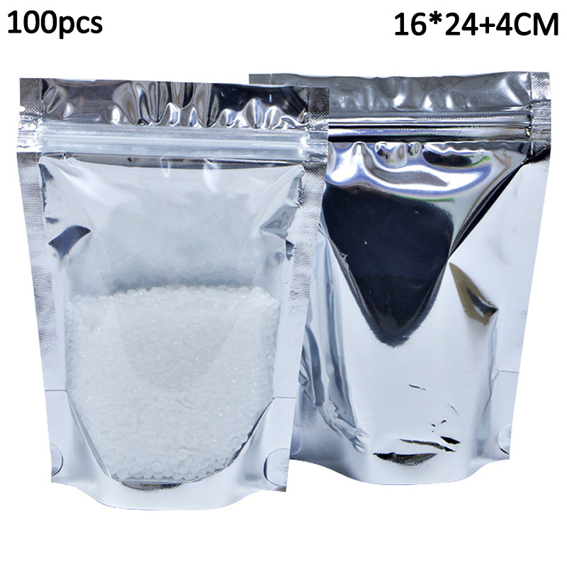 MX-009 100Pcs 16x24cm+4cm Stand Up Aluminum Foil Bags 16C Reusable Food Pouches with Zip Lock