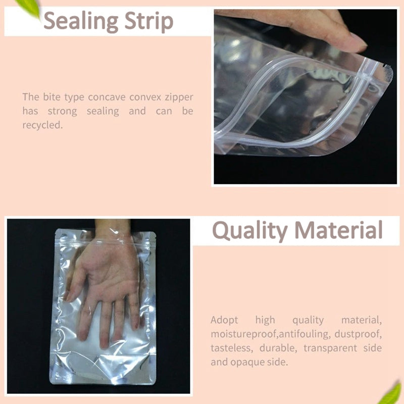 MX-009 100Pcs 12x17cm+4cm 16C Resealable Lock Seal Storage Bags Clear Front Aluminium Foil Bags (BPA-free, No FDA Certification)