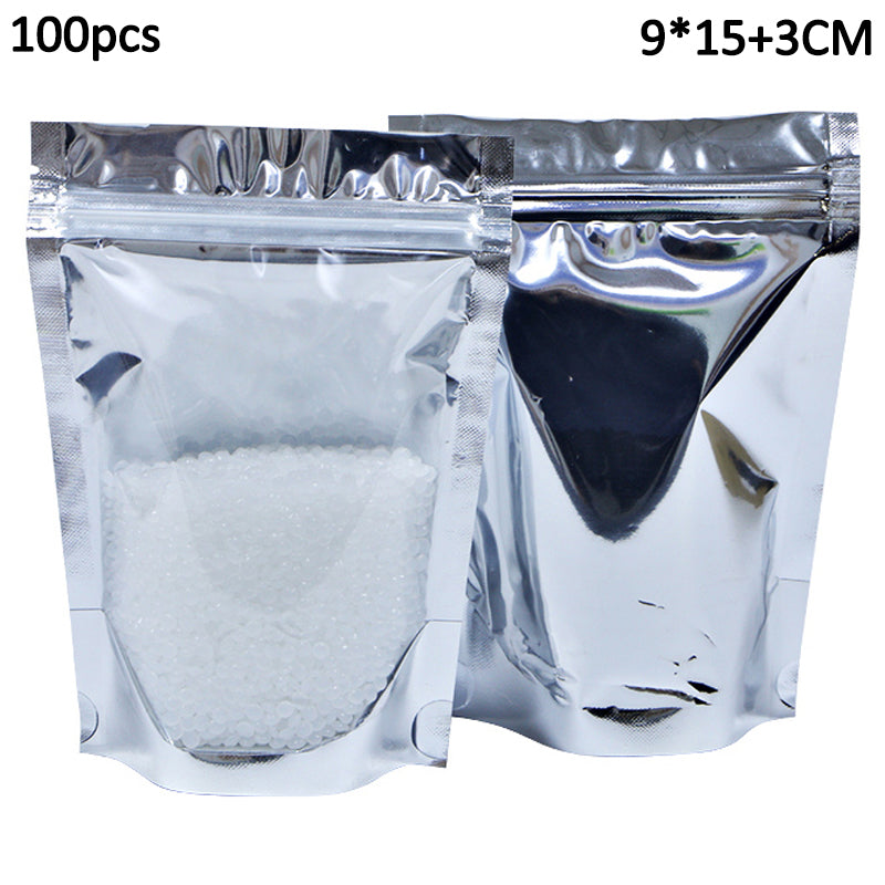 MX-009 100Pcs 9x15cm+3cm Aluminium Foil Stand Up Storage Bags Zipper Lock 16C Food Container Bags