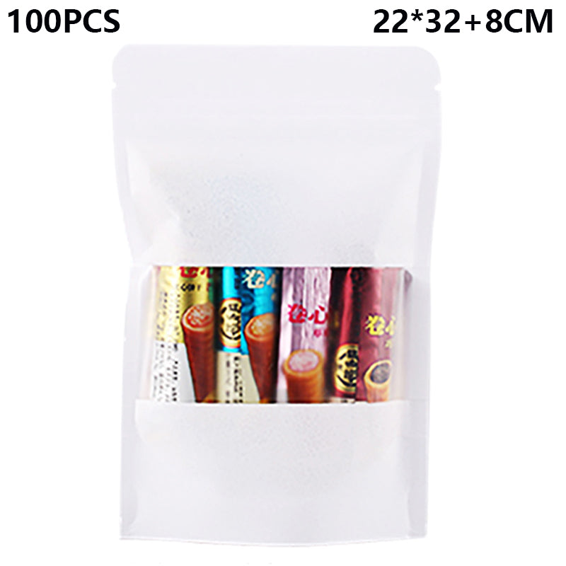 MX-007 100PCS 22x32+8CM Stand Up Food Packaging Bags White Kraft Paper Pouches (No FDA, BPA-Free)