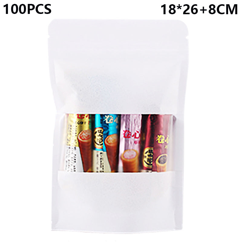 MX-007 100PCS 18x26+8CM White Kraft Paper Bags Food Storage Pouches (No FDA, BPA-Free)