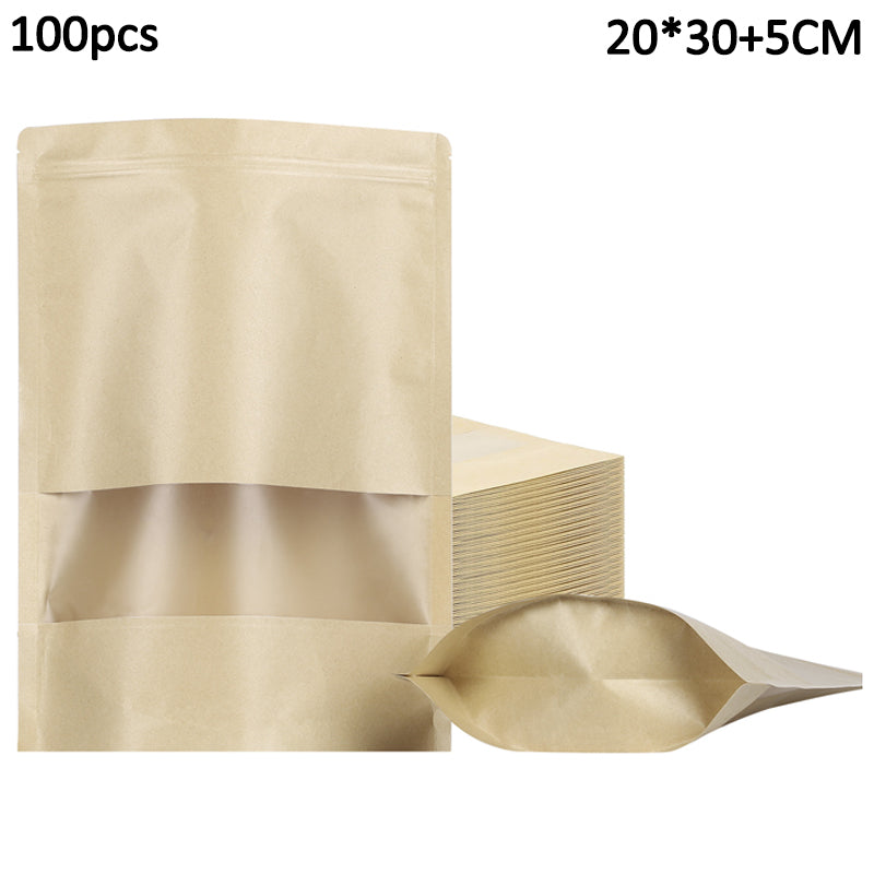 MX-001 100Pcs 20x30cm+5cm 28C Kraft Paper Bags with Window Stand-Up Ziplock Storage Pouch