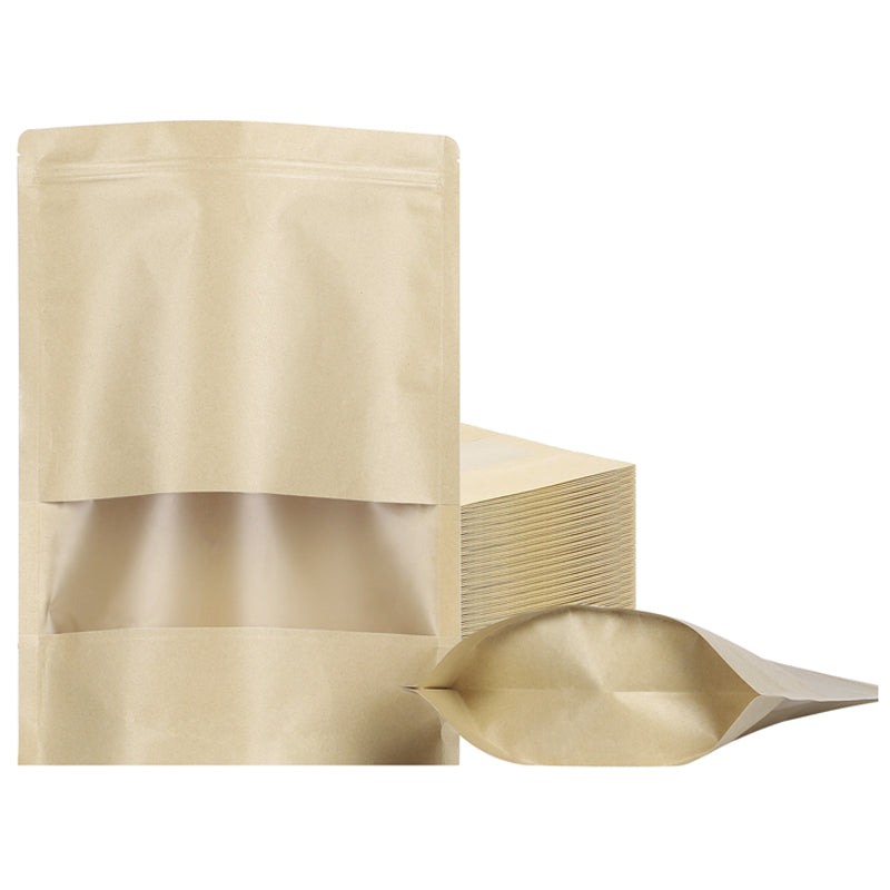 MX-001 100Pcs 20x30cm+5cm 28C Kraft Paper Bags with Window Stand-Up Ziplock Storage Pouch