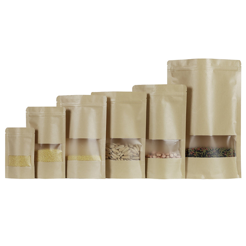 MX-001 100Pcs 20x30cm+5cm 28C Kraft Paper Bags with Window Stand-Up Ziplock Storage Pouch